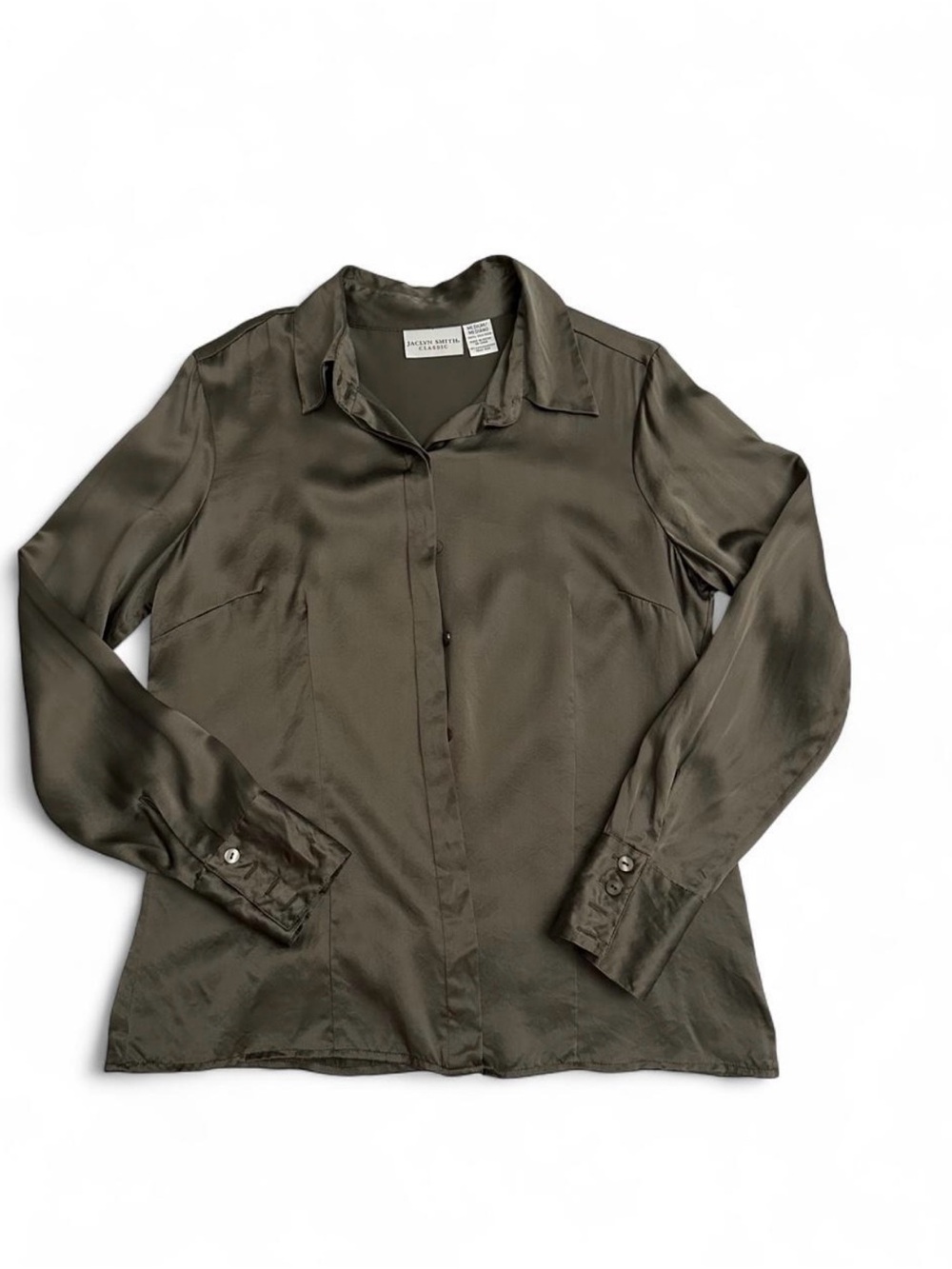 Jaclyn Smith Vintage 100% Silk Olive Khaki Button-Down Shirt Blouse